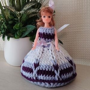 Vintage 1960's Hard Plastic Doll in Plum, Lilac and White Crochet Dress